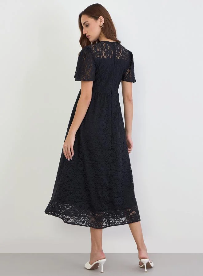 Styli  Women Black Scalloped Lace Midi Dress for Women | Best Price UAE